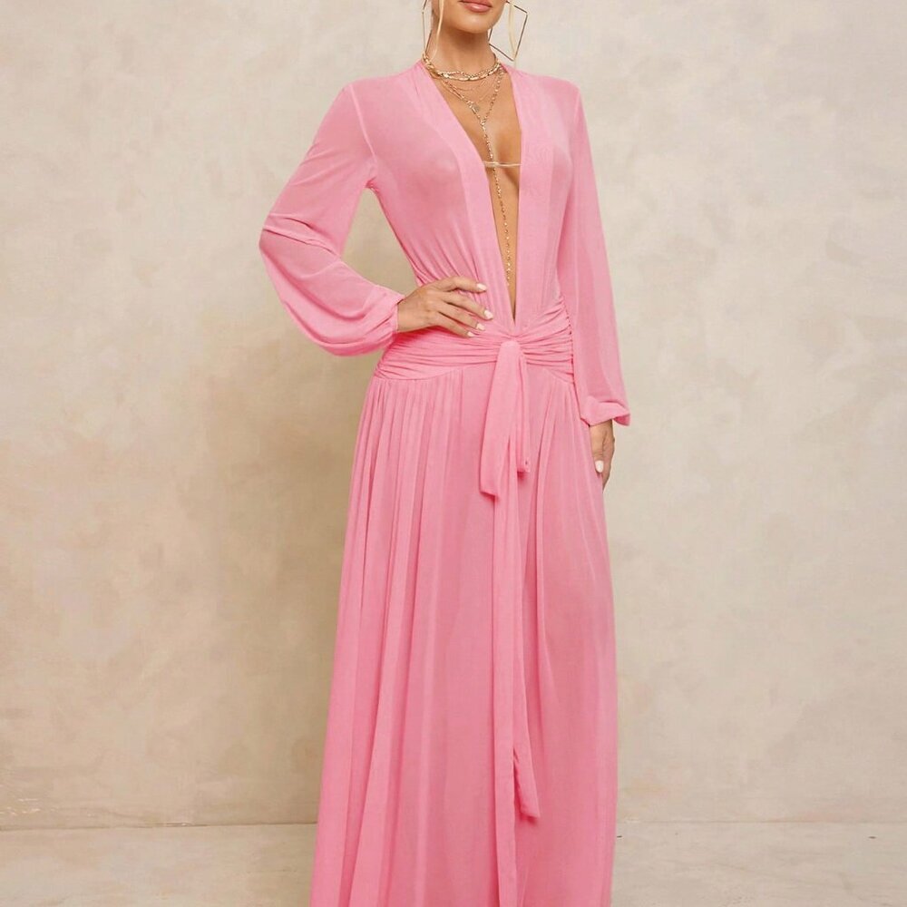 Pink Sexy Women's Extra Long Sheer V-Neck Puff Sleeves Dress - Picture 8 of 8